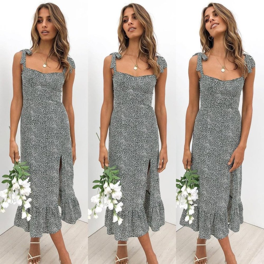 Petal & Pup Carmen Green Patterned Tie Shoulder Ruffle Midi Dress 4